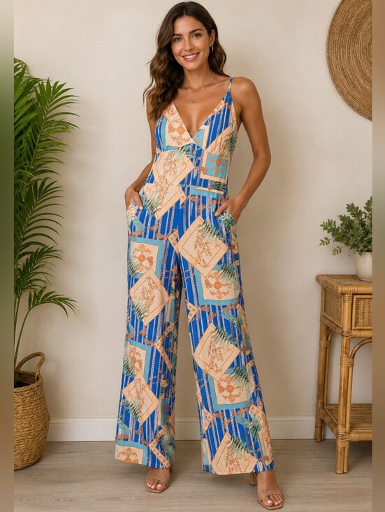 no brand Pants - Sleeveless V-Neck Blue & Cream Printed Wide-Leg Jumpsuit XL TALL. 0422